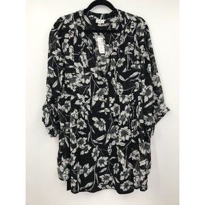 Avenue Burnout Sheer Floral V-Neck Roll Tab Sleeve Blouse Black White 30/32 NEW